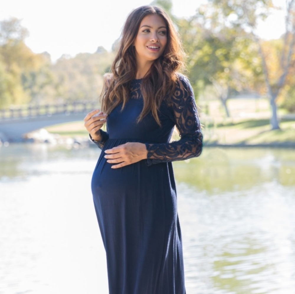 PinkBlush Navy Maternity Maxi Dress, Lace Sleeves